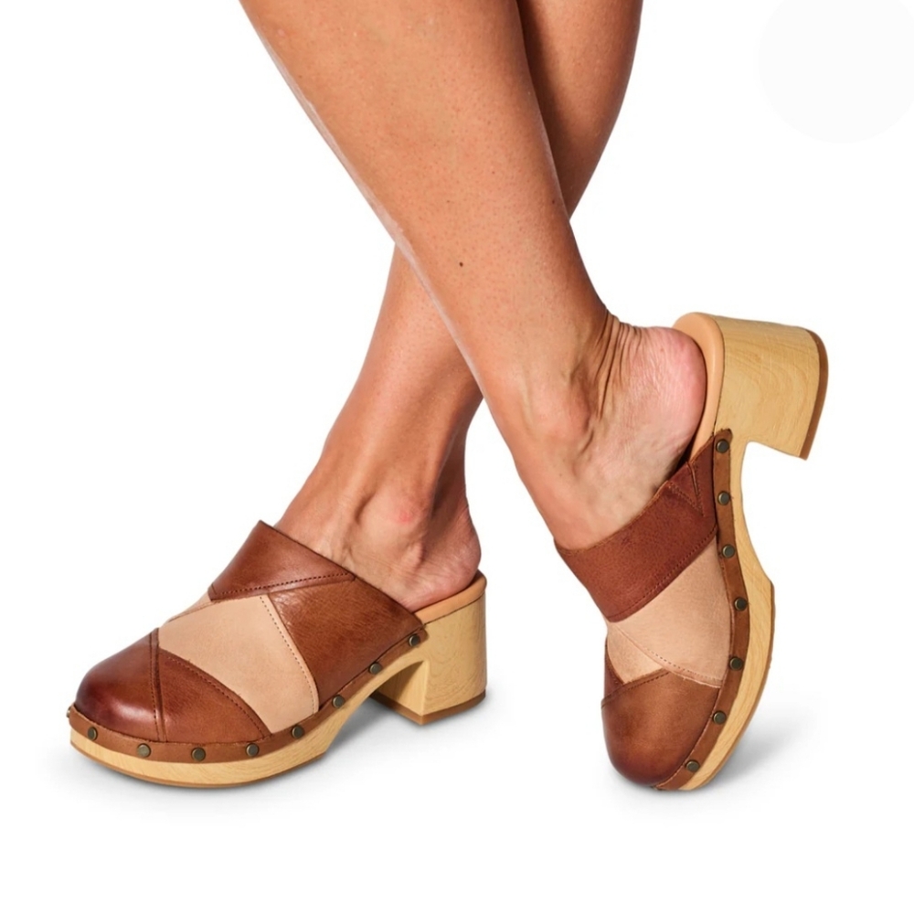 Kork-Ease Clogs 7 Brown Tan Leather Tay Patchwork Mules Scandinavian New $160 - Picture 3 of 16